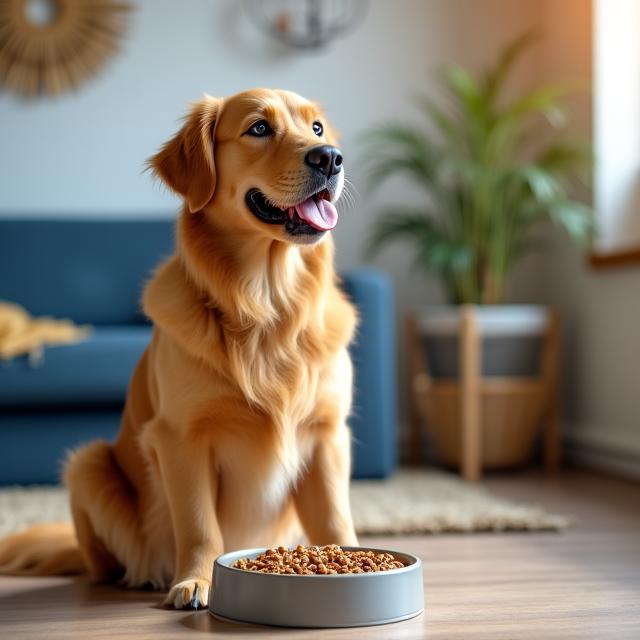 Cane felice che mangia cibo premium