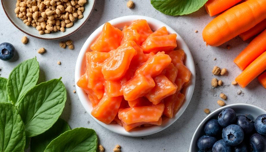 Dettaglio di ingredienti naturali come mirtilli, salmone e verdure