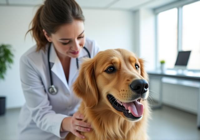 Veterinario che visita un cane in uno studio moderno
