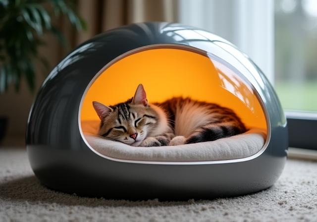 Gatto che dorme in una cuccia a forma di capsula spaziale