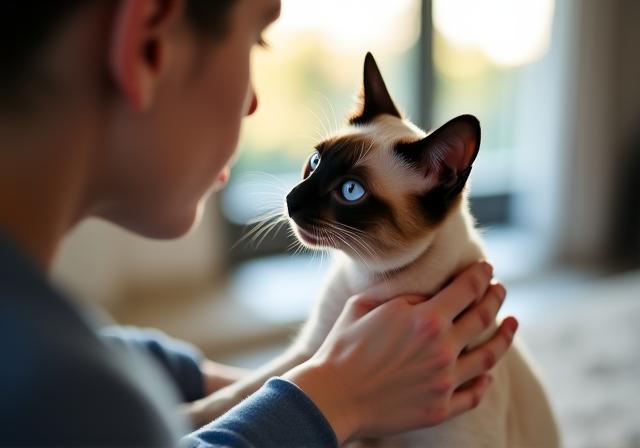 Proprietario che osserva attentamente il suo gatto in casa